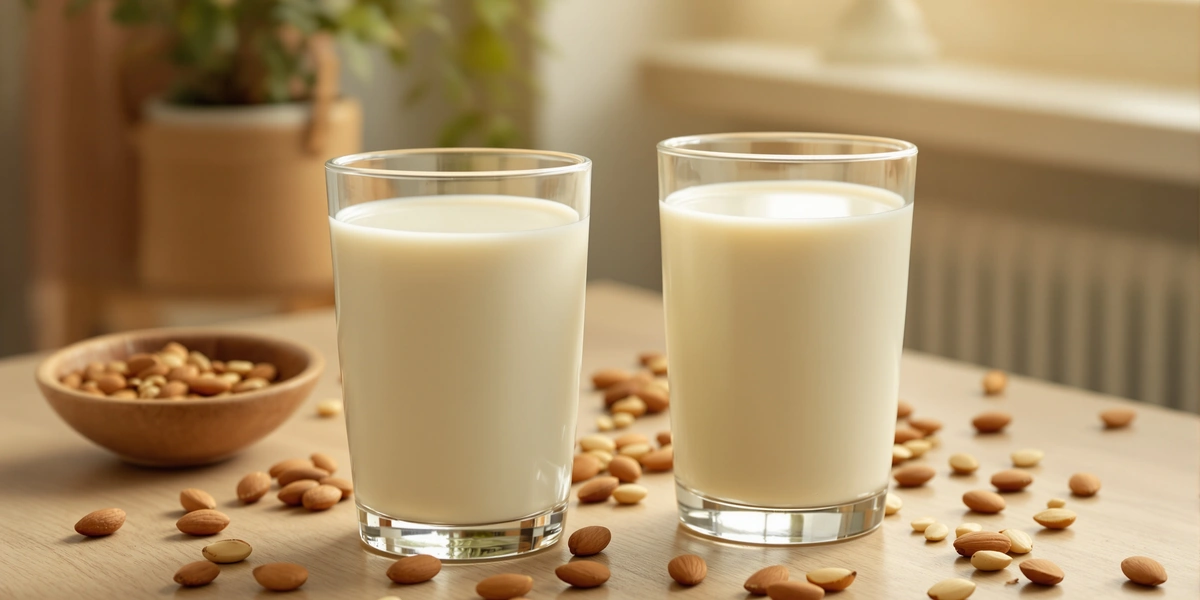Dwie szklanki mleka roślinnego z orzechami