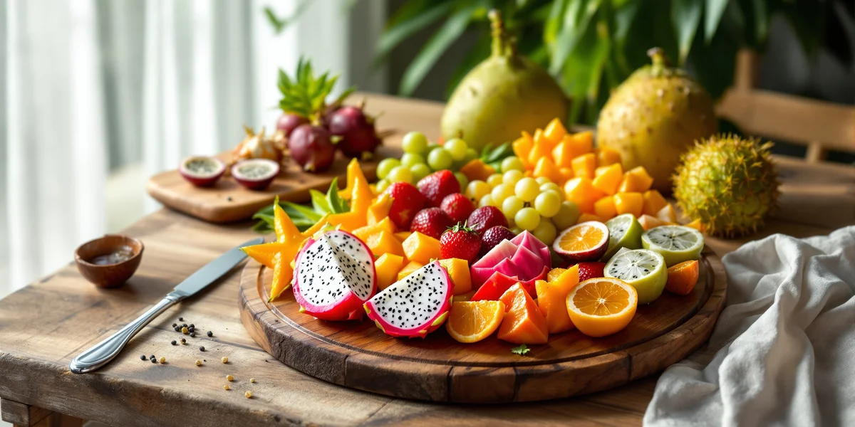 Egzotyczne owoce na drewnianym stole - dragon fruit, rambutan, liczi, mangostan i karambola w naturalnym świetle.