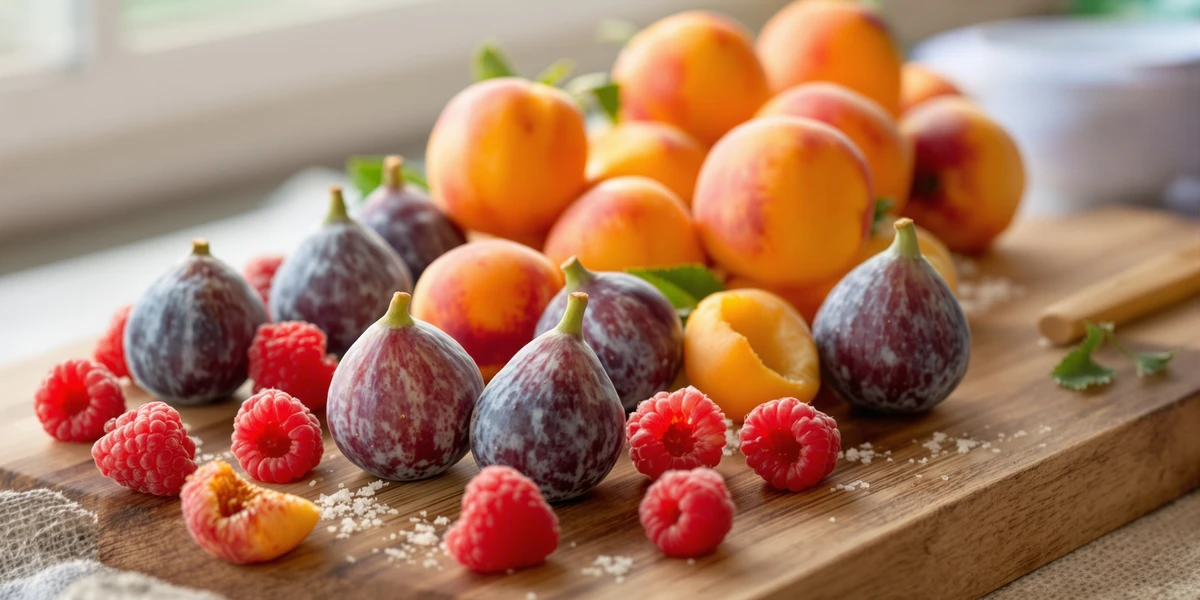 Figi, morele, maliny na desce