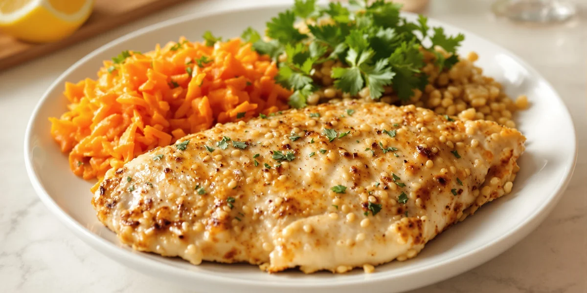pieczony filet z kurczaka, kasza gryczana i surówka z marchewki