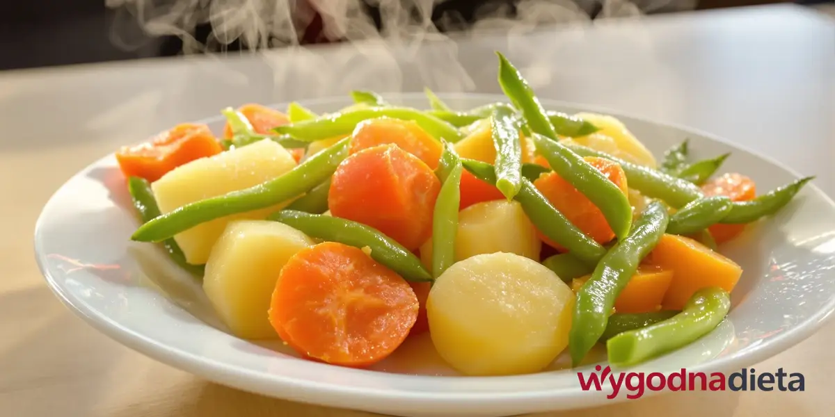 fasolka szparagowa, marchew i ziemniaki gotowane na parze