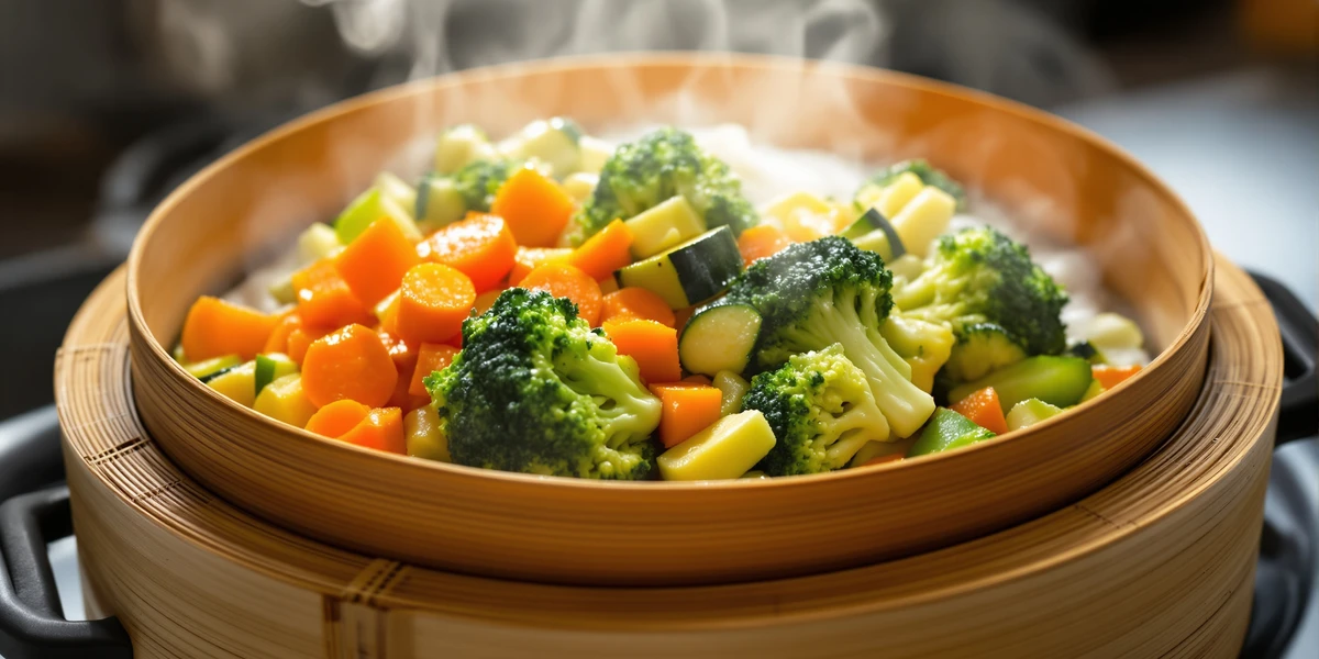 brokuły, marchew i cukinia gotowane na parze