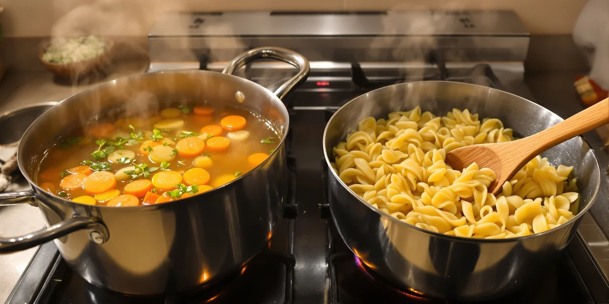garnek z bulionem i garnek z makaronem na kuchence gazowej
