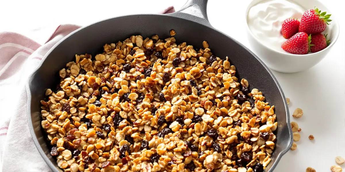 granola z patelni z jogurtem i dodatkiem owoców