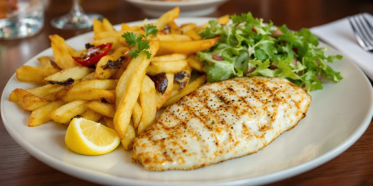 Grillowana ryba z frytkami i sałatą