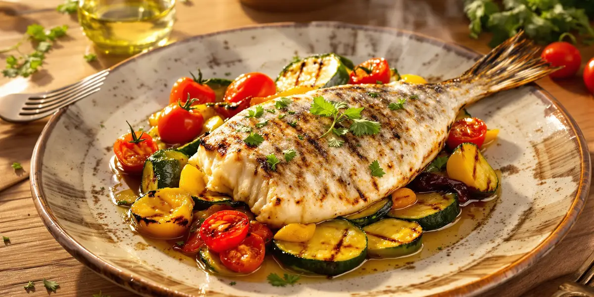 Grillowana ryba z warzywami na talerzu