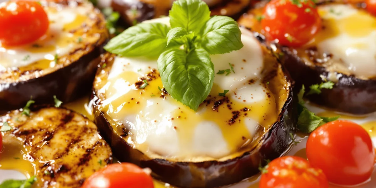 grillowany bakłażan z pomidorkami koktajlowymi, mozzarellą i oliwą z oliwek