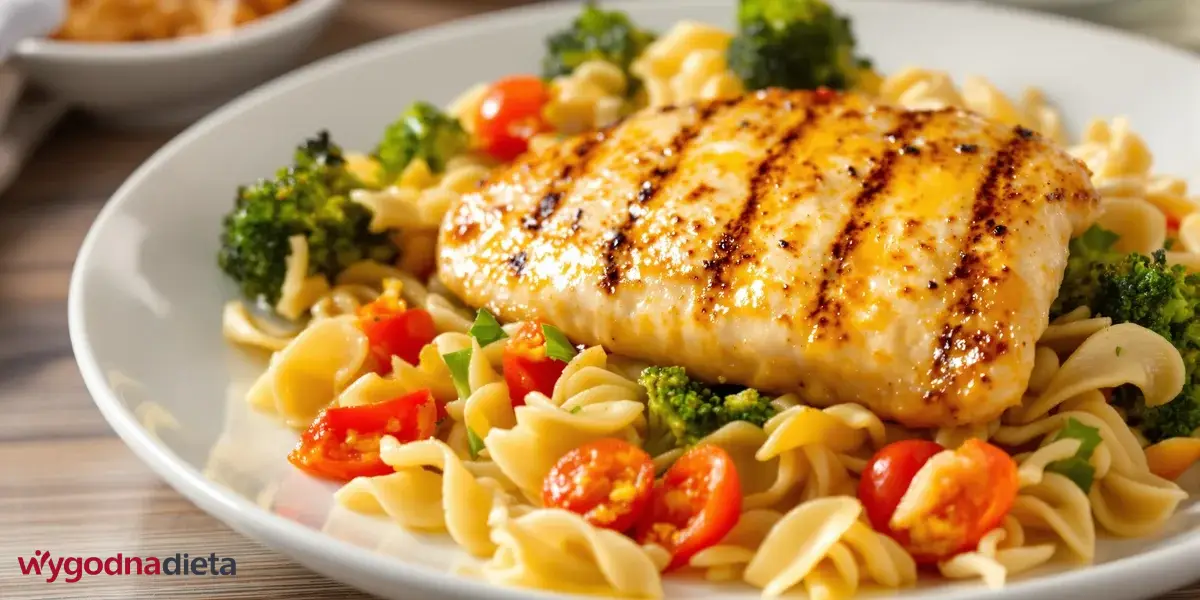 makaron pełnoziarnisty z grillowanym kurczakiem, czerwoną papryką i brokułem