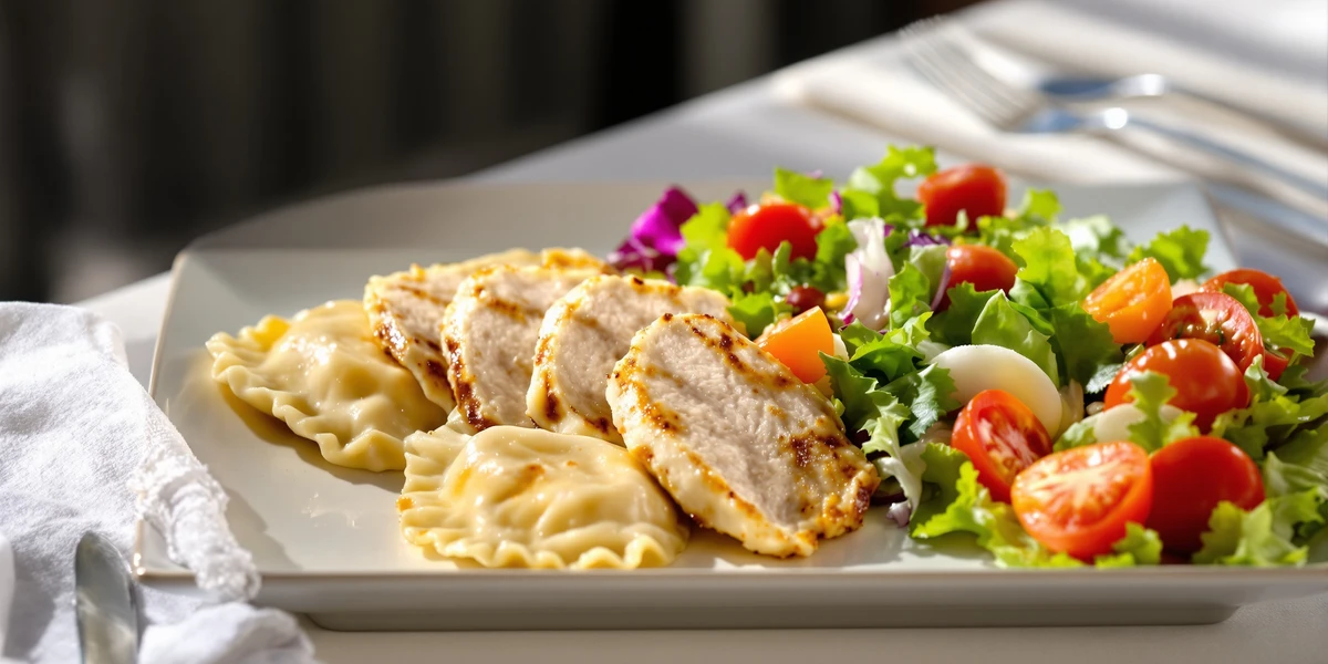 Grillowany kurczak, pierogi i sałatka warzywna