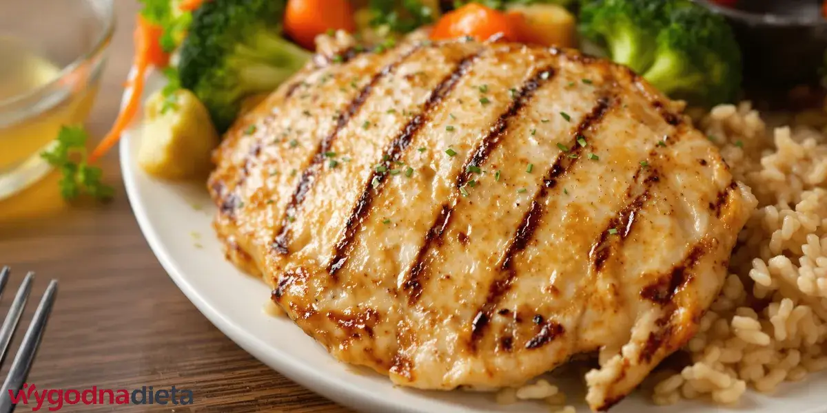 grillowane mięso z kurczaka z warzywami na parze i brązowym ryżem