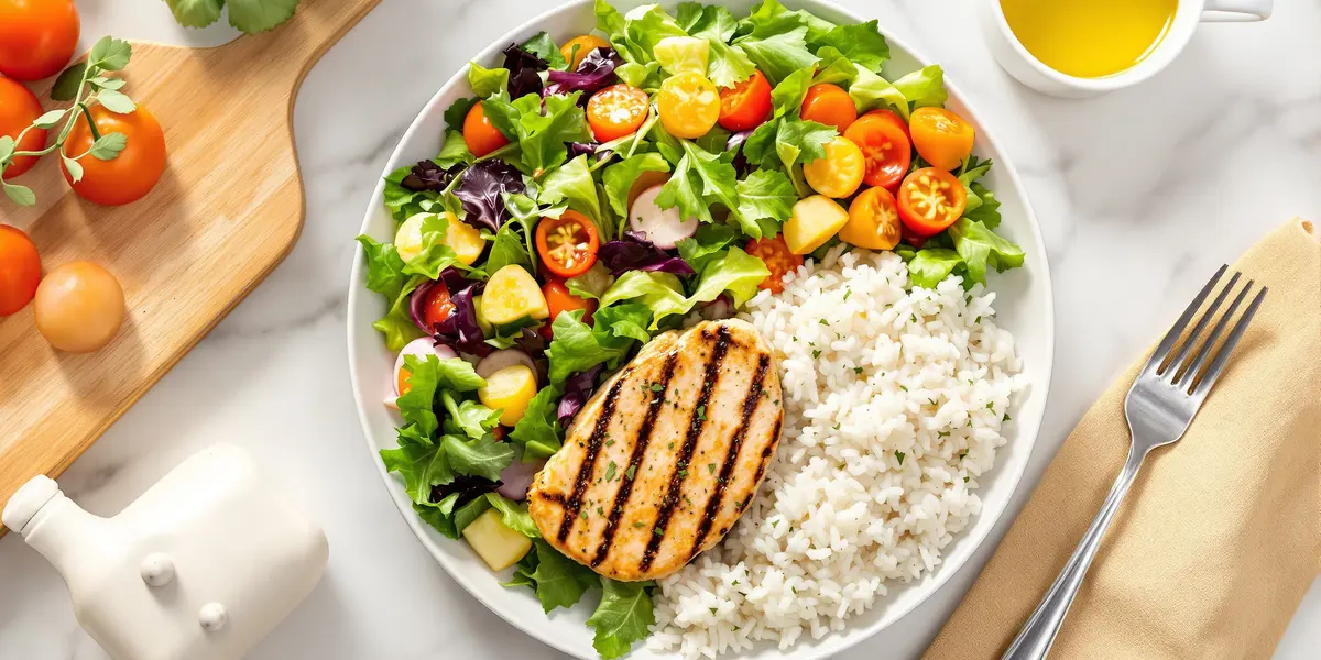Grillowany kurczak z ryżem i sałatką