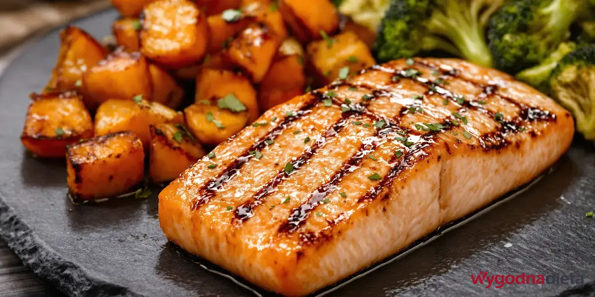 grillowany łosoś z batatami z piekarnika i brokułami