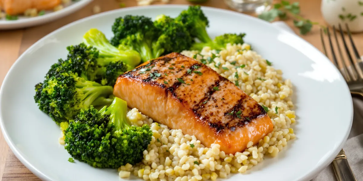 Grillowany łosoś z brokułami i kaszą
