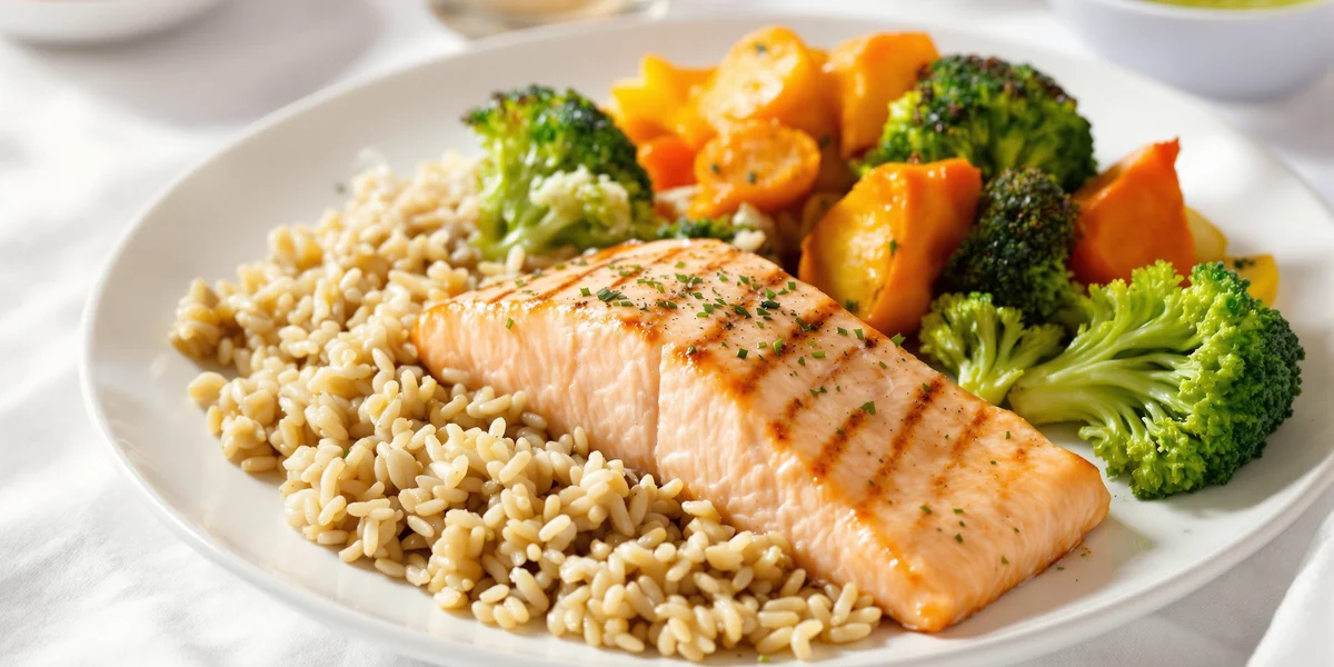 Grillowany łosoś z ryżem i warzywami