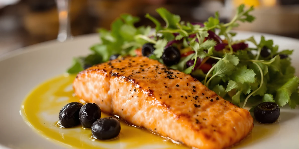Grillowany łosoś z sałatą i oliwkami
