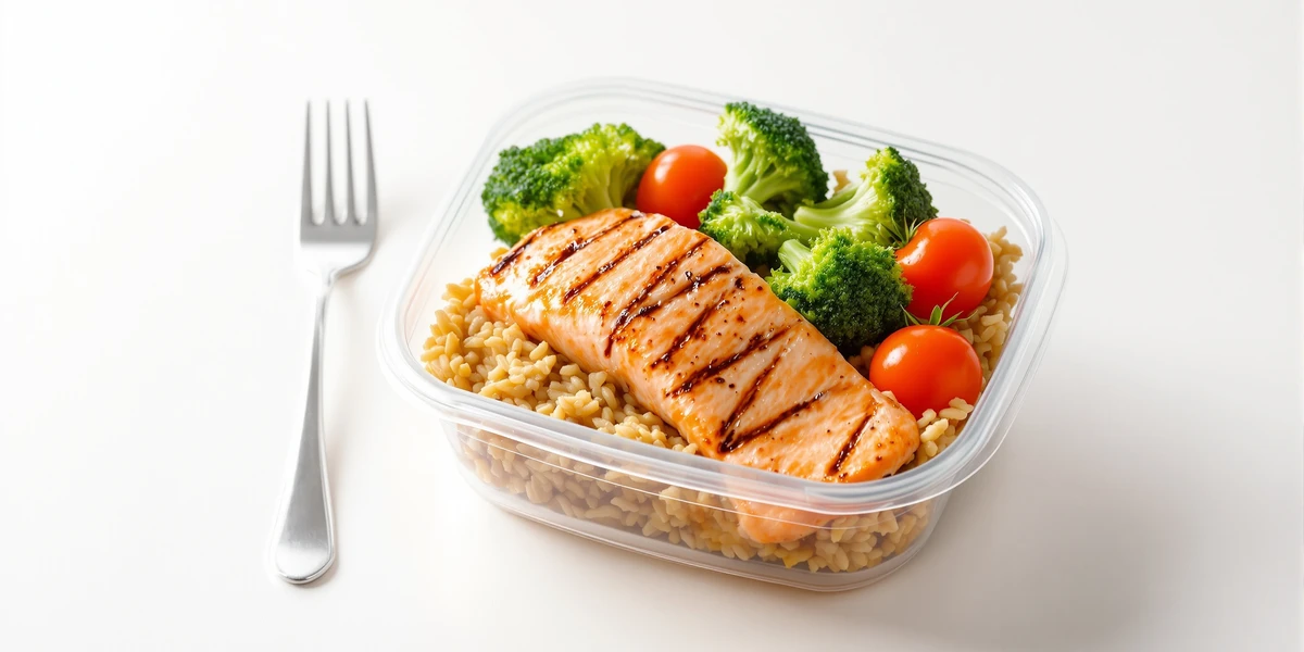 Grillowany łosoś z warzywami i ryżem w plastikowym lunch boxie