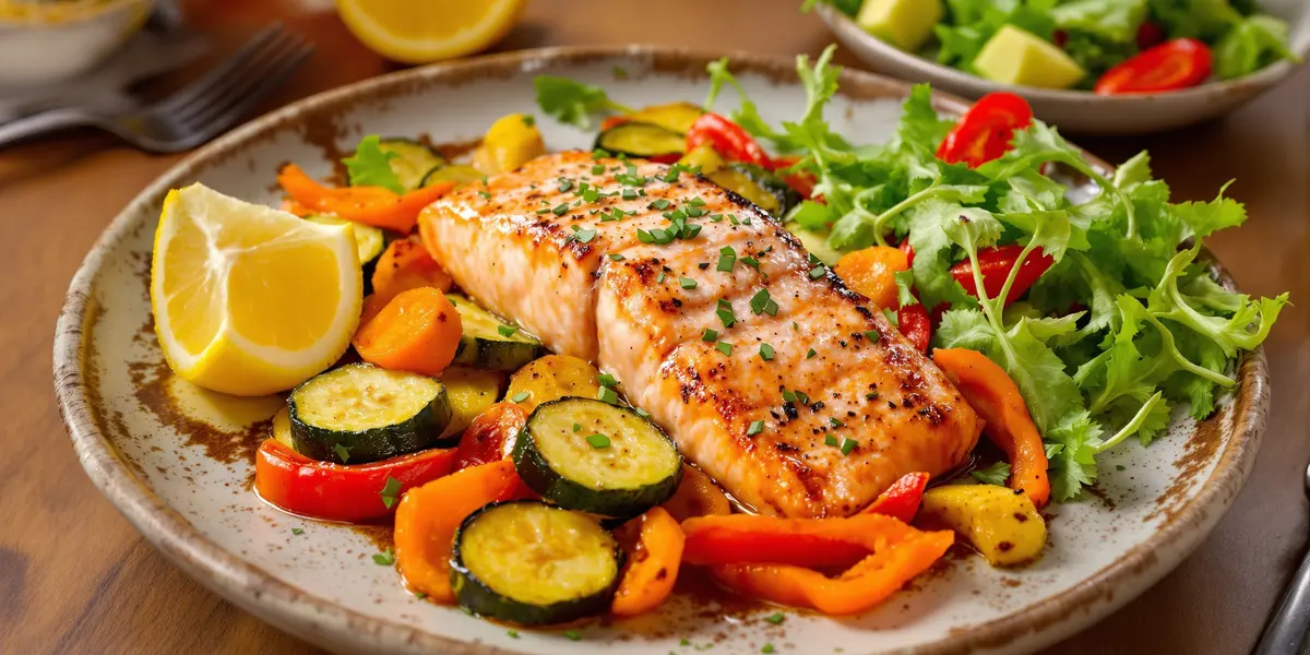 Grillowany łosoś z warzywami i sałatą