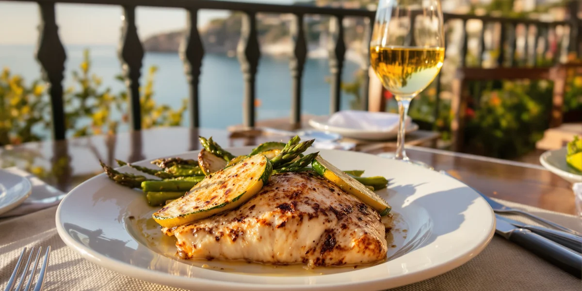 Grillowany ryb, białe wino morze