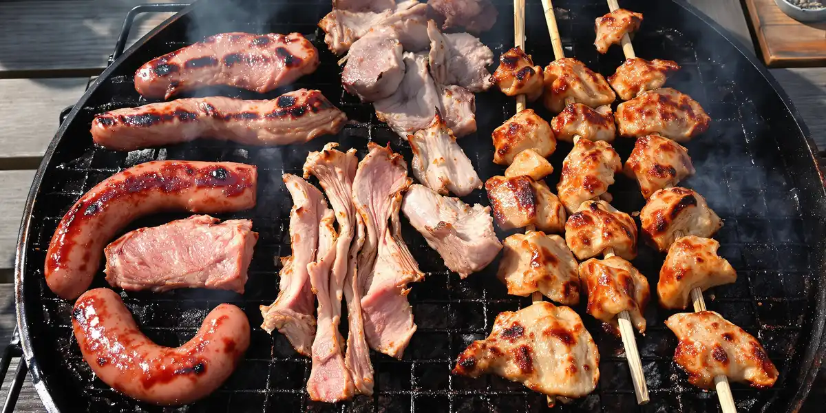 kiełbaski, kurczak i szynka na grillu