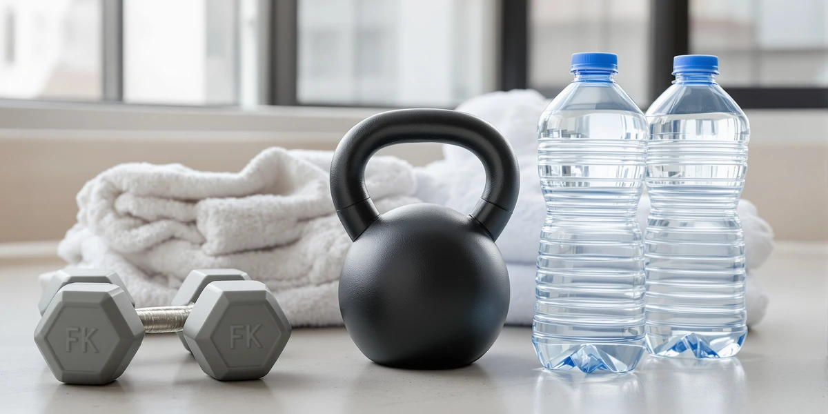 hantle, kettlebell, butelki z wodą