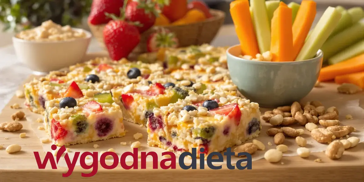 zdrowe batoniki owsiane i warzywa i owoce pokrojone w słupki jako przekąska dla dziecka