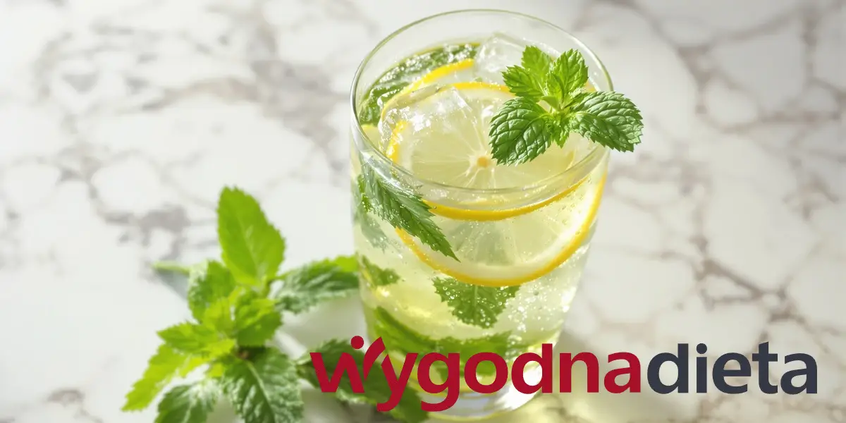 szklanka z wodą niegazowaną, plasterkami cytryny i miętą