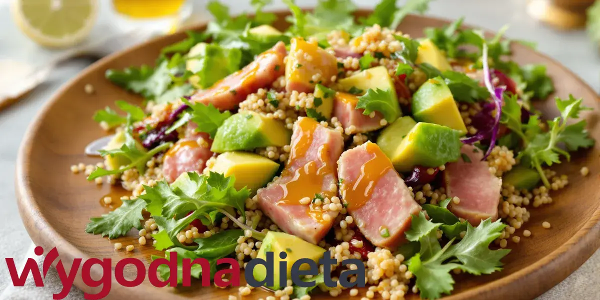 sałatka z tuńczykiem, awokado, komosą ryżową i rukolą skropiona oliwą z oliwek