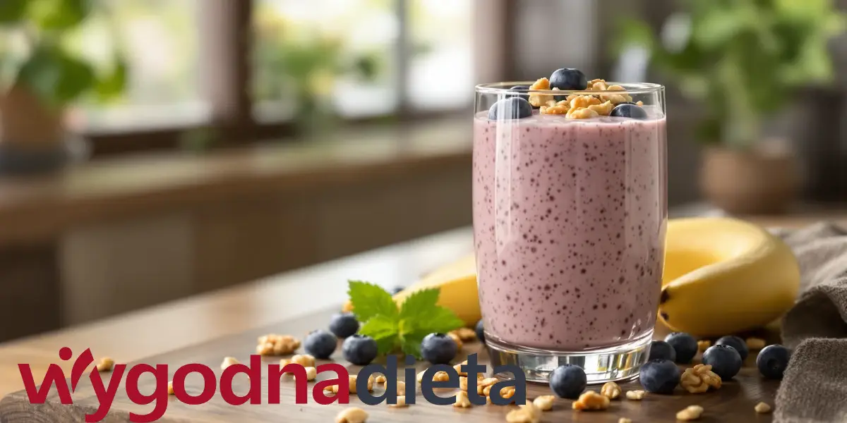 koktajl na bazie jogurtu naturalnego z bananem, borówkami amerykańskimi i orzechami włoskimi