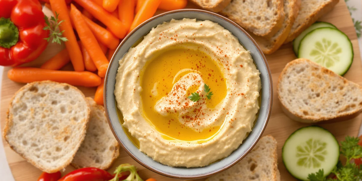 hummus z warzywami i pieczywem pełnoziarnistym