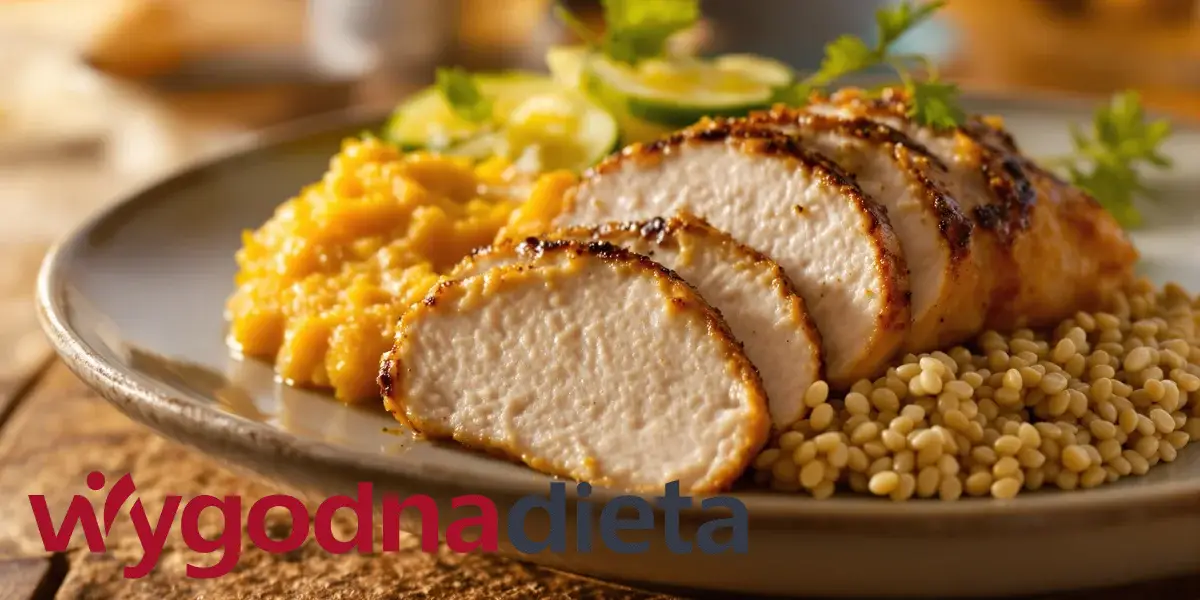 mięso z indyka z purée dyniowym i kaszą gryczaną oraz kiszonym ogórkiem