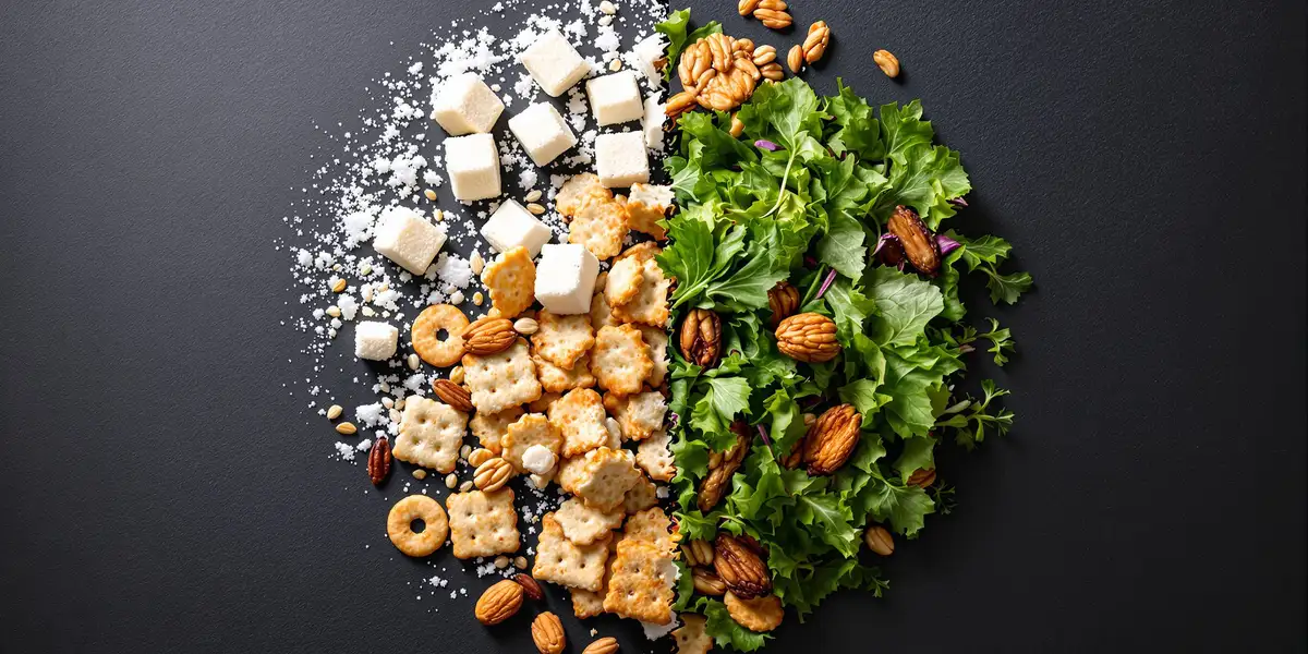 krakersy, migdały, cukier biały i sałatka