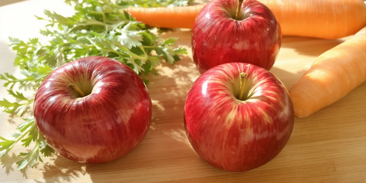 trzy czerwone jabłka, jedna marchew i liście selera