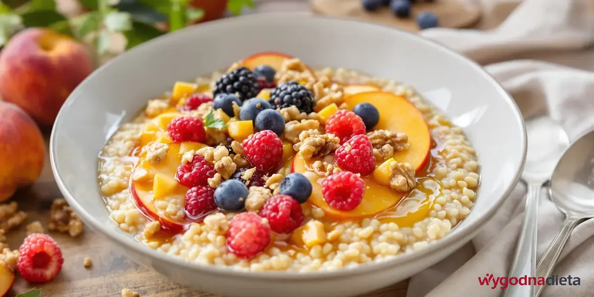 jaglanka na mleku roślinnym z malinami, borówkami i brzoskwinią