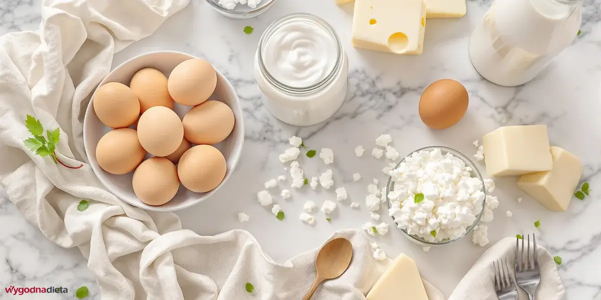 nabiał: jajka, biały twaróg, masło i mleko