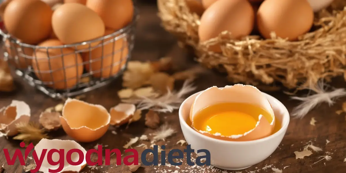 surowe jajka oraz jedno jajko w skorupce przepołowione na pół