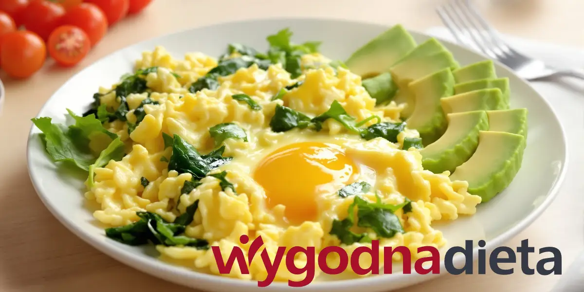 jajecznica na maśle z dodatkiem awokado i szpinaku