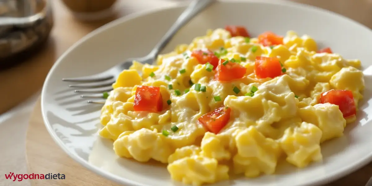 jajecznica z pomidorem pokrojonym w kostkę i pociętym szczypiorkiem