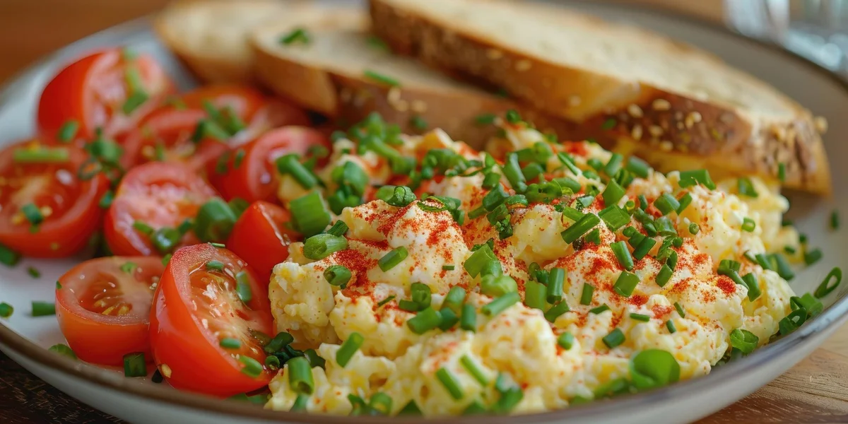 Jajecznica posypana szczypiorkiem w towarzystwie pokrojonych pomidorów i chleba pełnoziarnistego