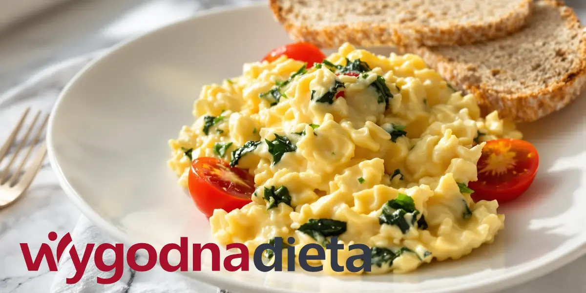 jajecznica ze szpinakiem, pomidorkami koktajlowymi i pieczywem