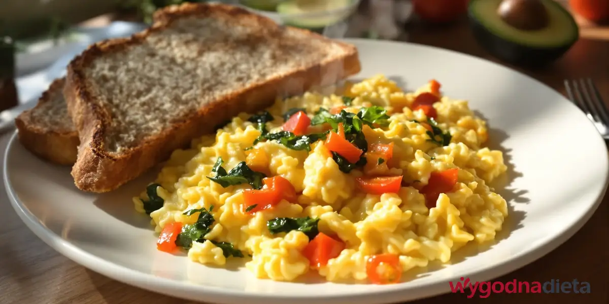 jajecznica z warzywami i pełnoziarnistym pieczywem