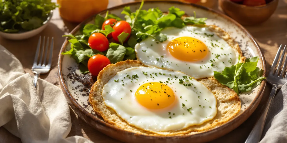 Jajka sadzone, chleb, sałata