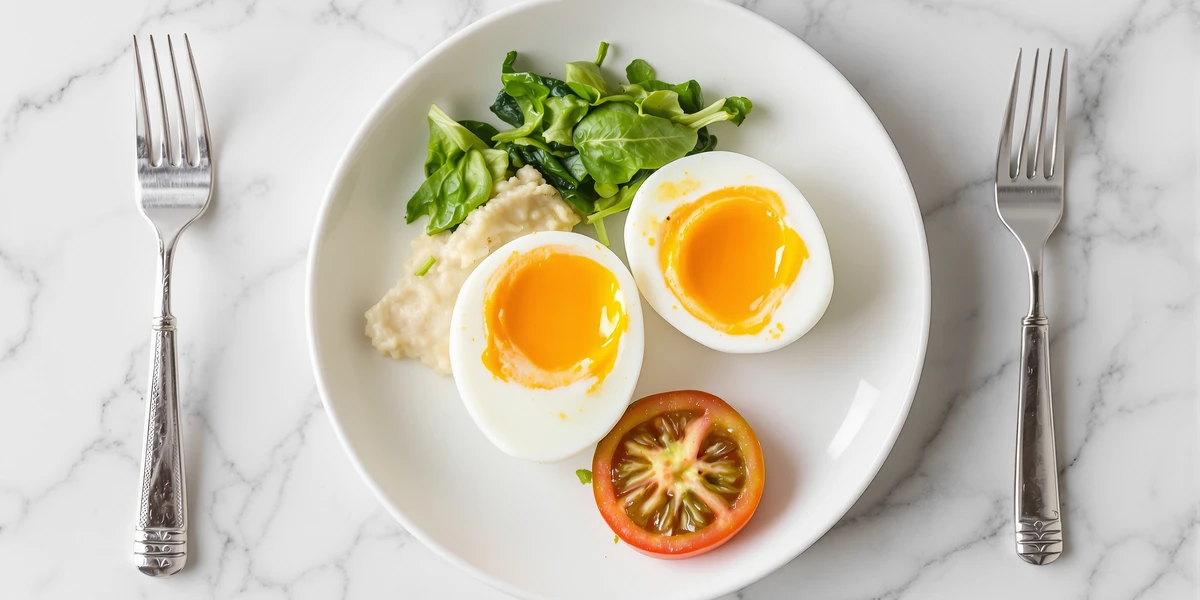 jajko ugotowane na miękko ze szpinakiem i pomidorem