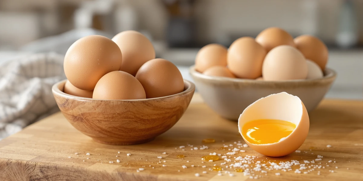 Jajka w miskach i żółtko w połówce skorupki