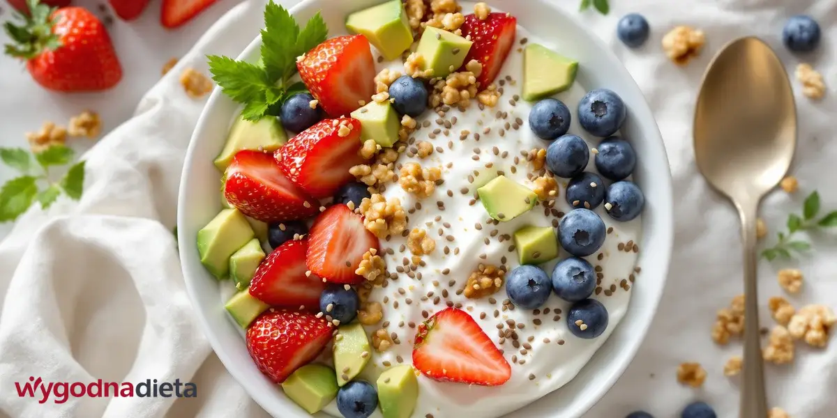 jogurt naturalny z awokado, siekanymi orzechami, borówkami i truskawkami