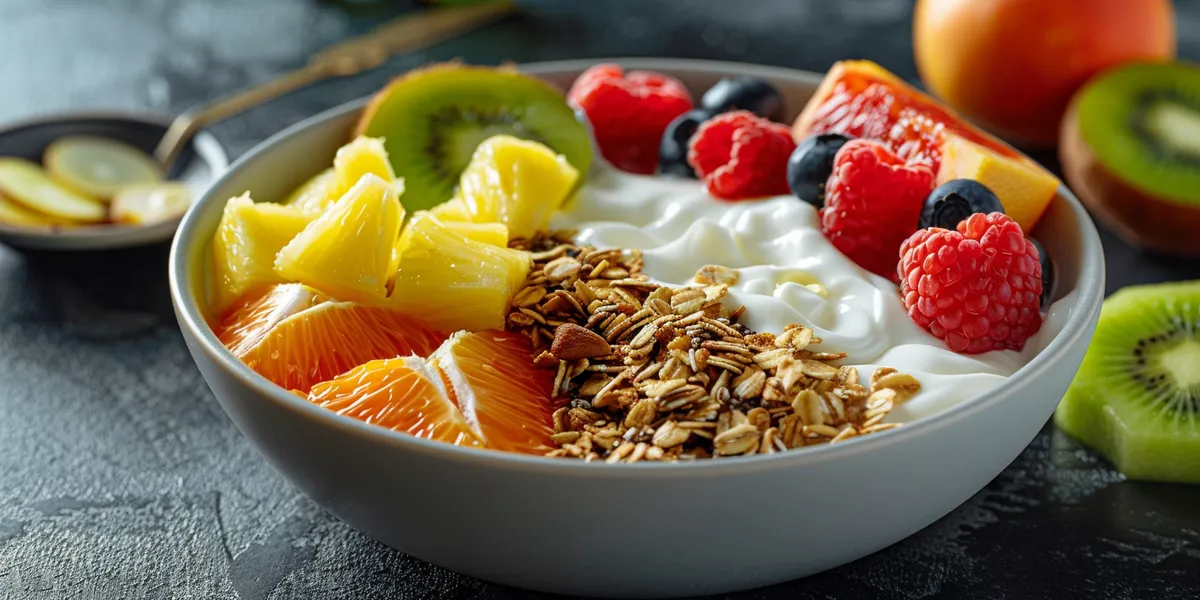 jogurt z musli i owocami - przykładowy posiłek na drugie śniadanie w diecie 2200 kcal