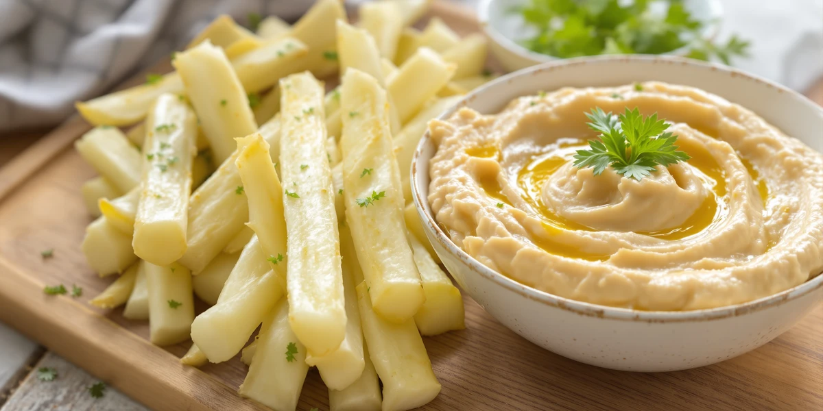 kalarepa pokrojona na słupki i hummus w miseczce