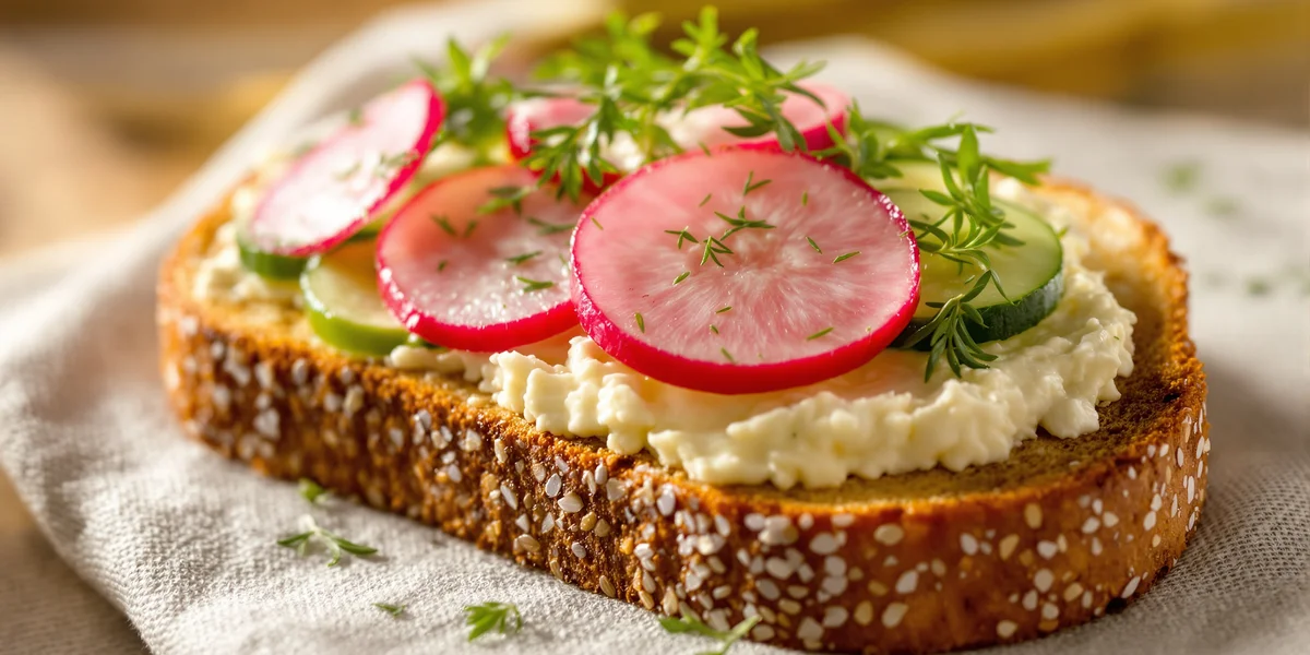 kanapka z chleba razowego z twarogiem, ogórkiem i rzodkiewką