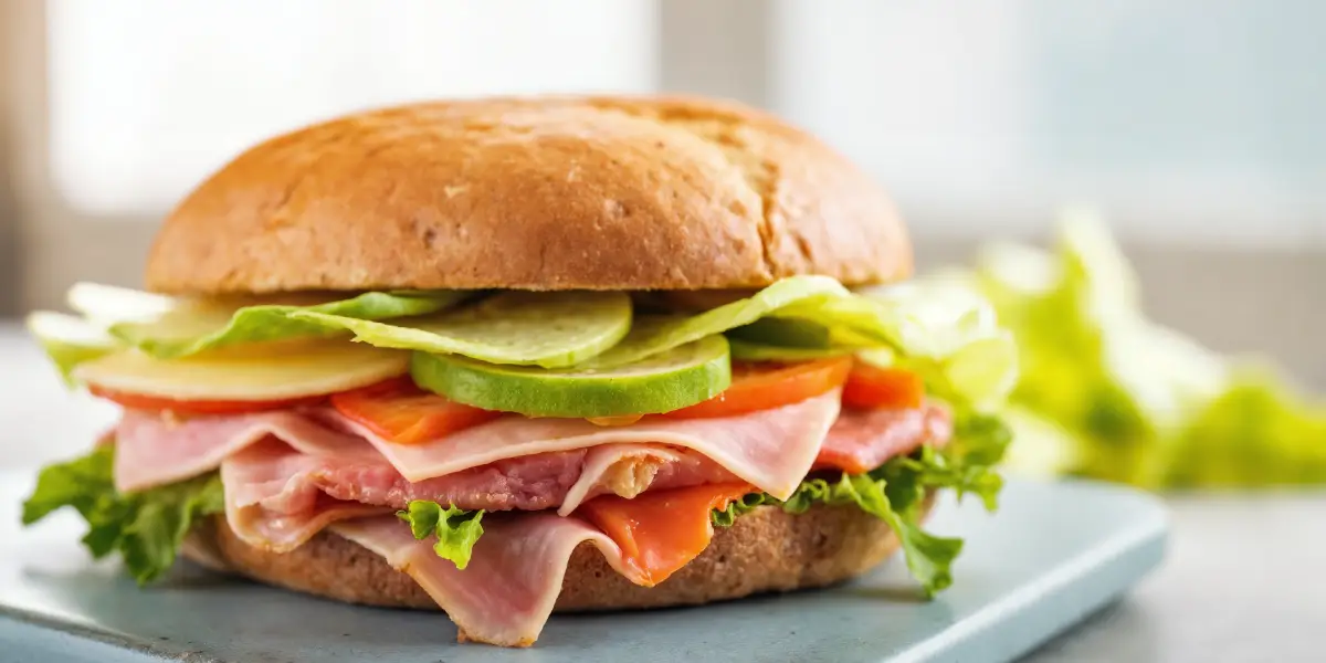 kanapka z białej bułki z wędliną i ogórkiem zielonym