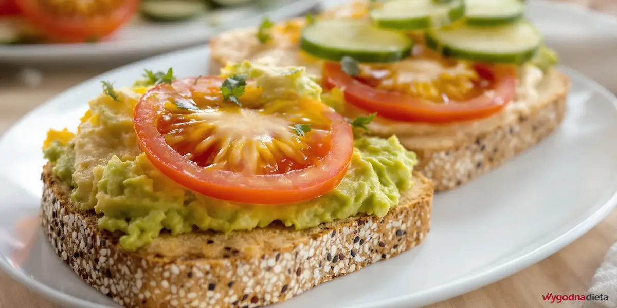 dwie kanapki z chleba żytniego z awokado, pomidorem, ogórkiem i hummusem