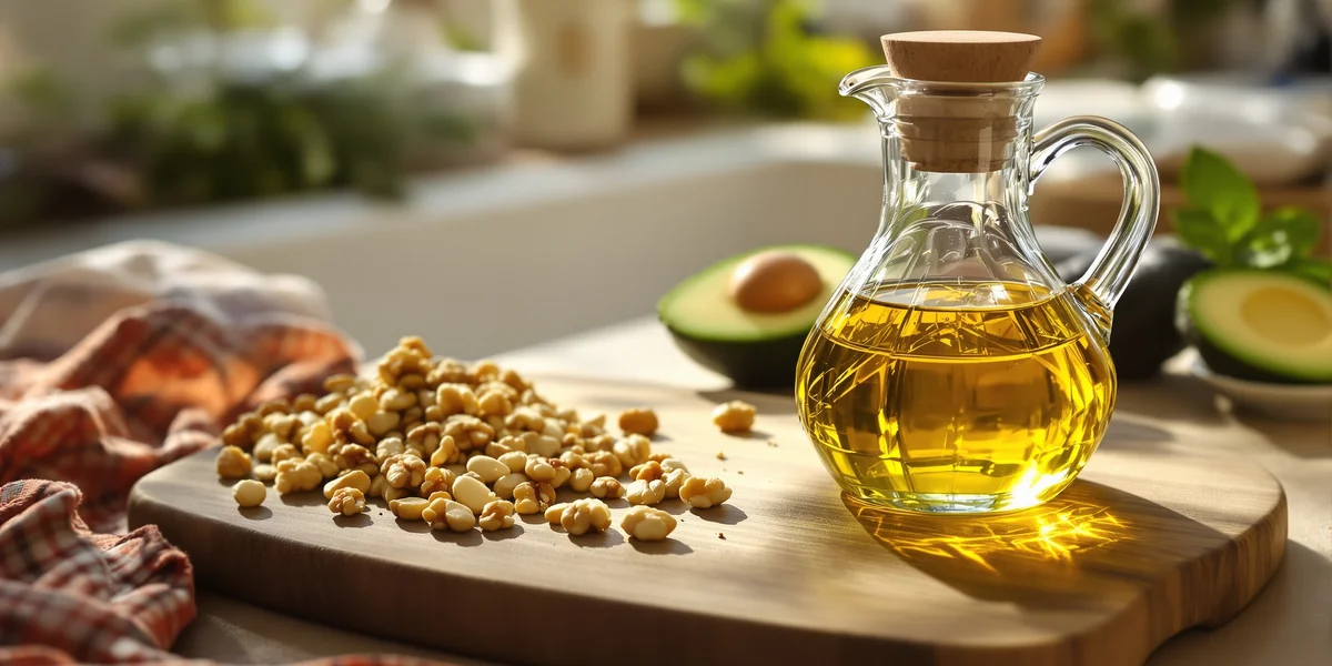 Karafka oleju oliwkowego i orzechy